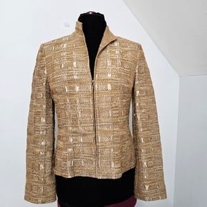 Linda Allard Ellen Tracy Wool Tweed  Boucle Taupe Metallic Zip Front Blazer 10